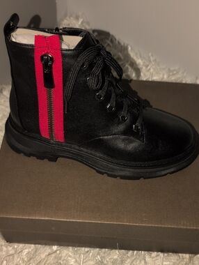 Women's Black Lace-Up Combat Boot with Red Stripe Accent